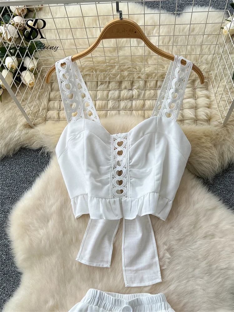 SINGREINY Holiday Hollow Out Two Pieces Sets Women Strap Backless Mini Camis+Elastic Long Pantskirt Bohe Cotton Embroidery Suits