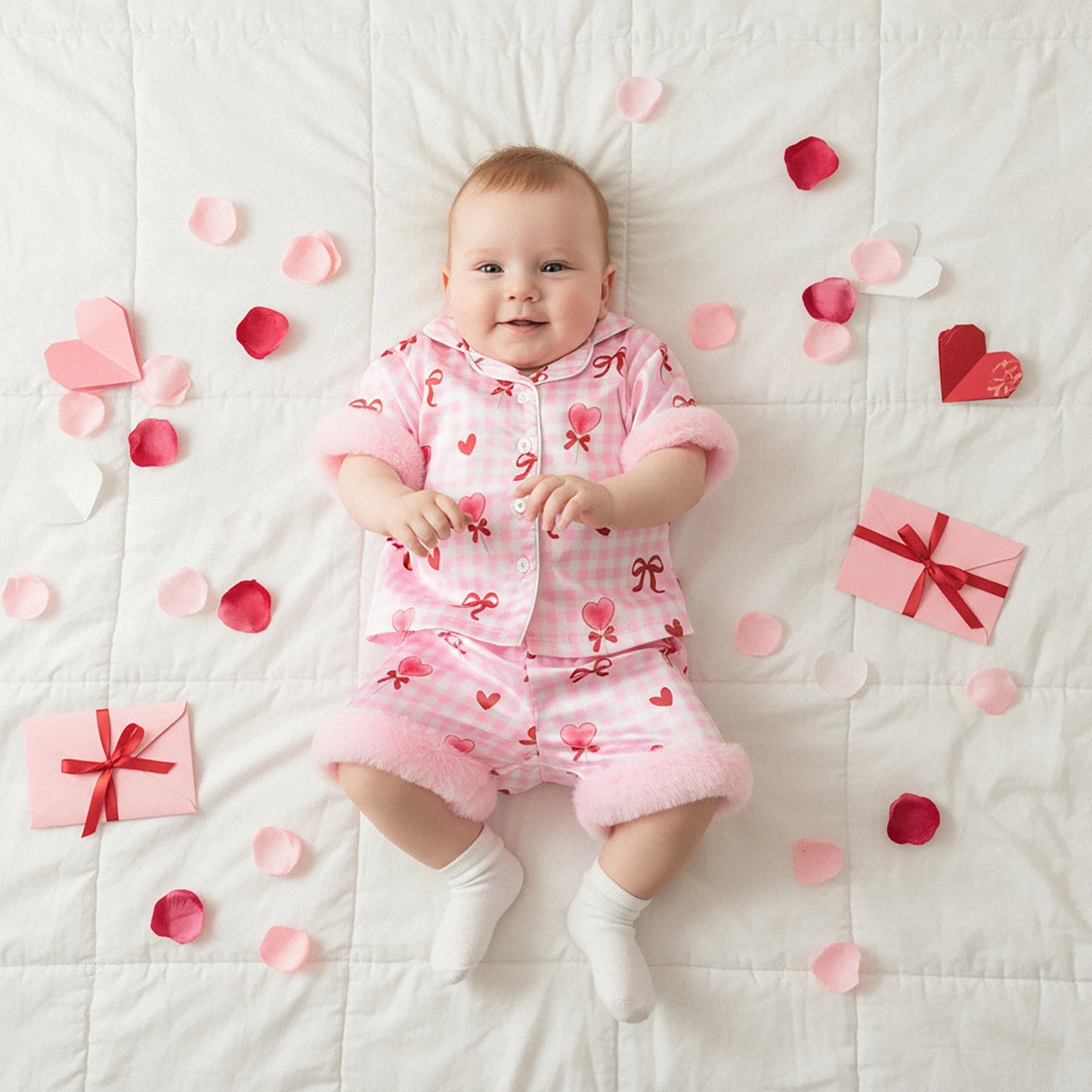 Children Kids Baby Girls Valentine's Day Pajama Sets Short Sleeve Lapel Button Up Bow Heart Plaid Print Shirts Shorts Sleepwear