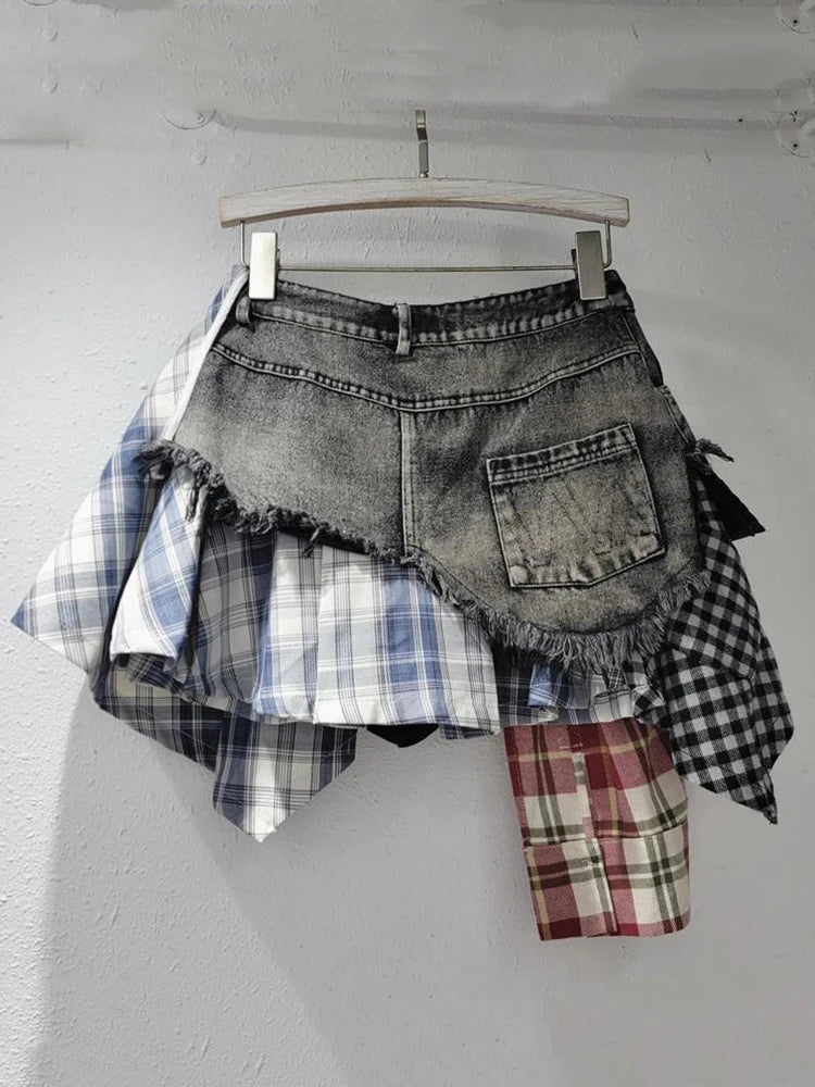 DEAT Fashion Women's Plaid Skirt Denim Spliced Tassel Irregular Hem A-line Patchwork Slim Skirts Summer 2024 New Tide 29L7797