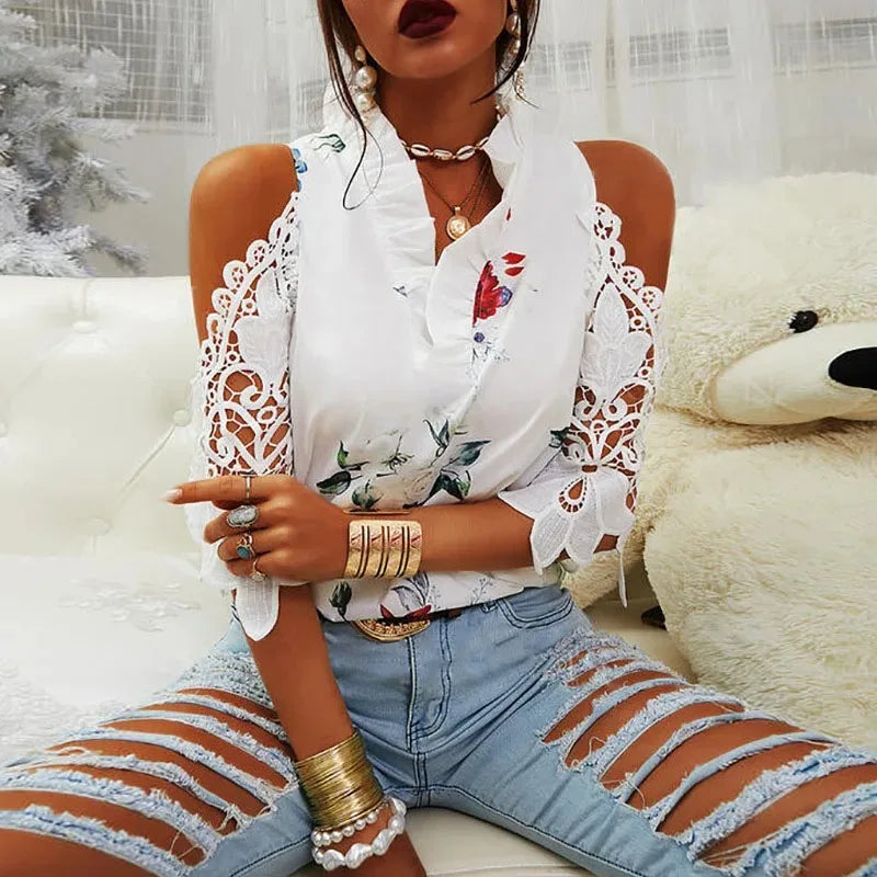Summer Female Strapless Tops Casual Sexy Hollow Flower Printed Women Blouse Elegant V-Neck Short Sleeve Lace Shirt Blusas 19361