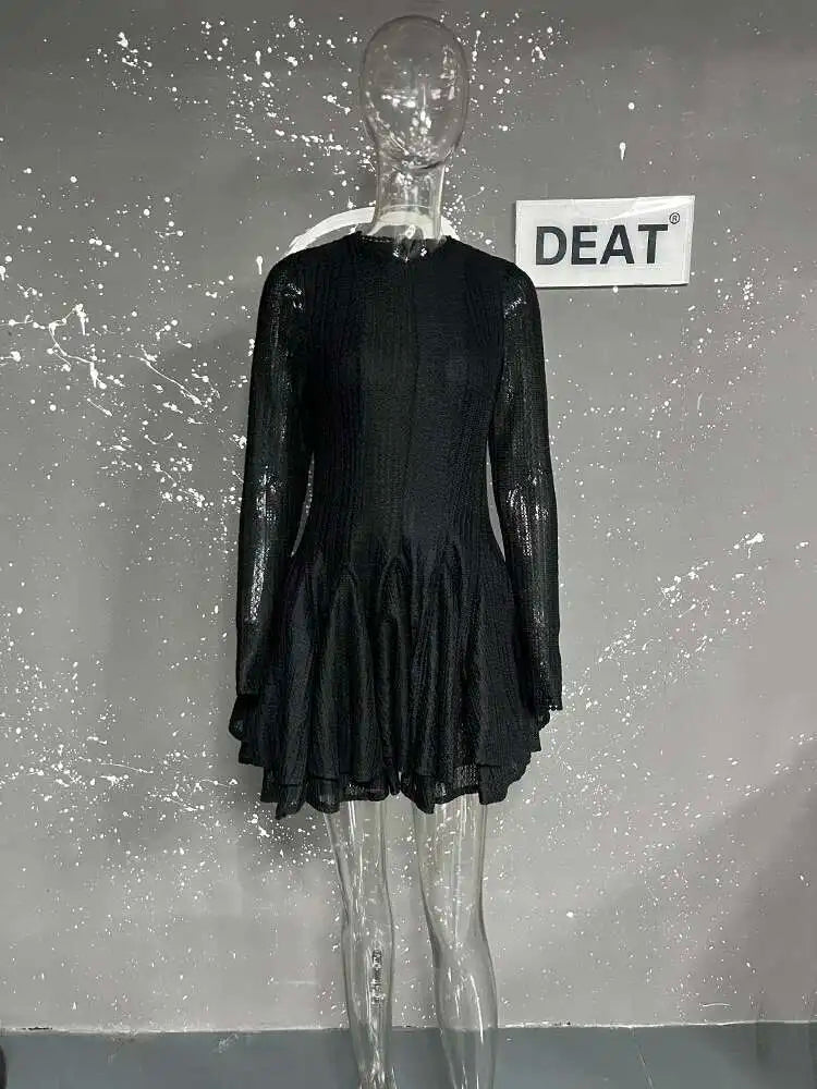 DEAT Fashion Women's Dress Round Neck Long Sleeve Hollow Out Zipper Breathable Slim Short Dresses Spring 2025 New Tide 7AB6845