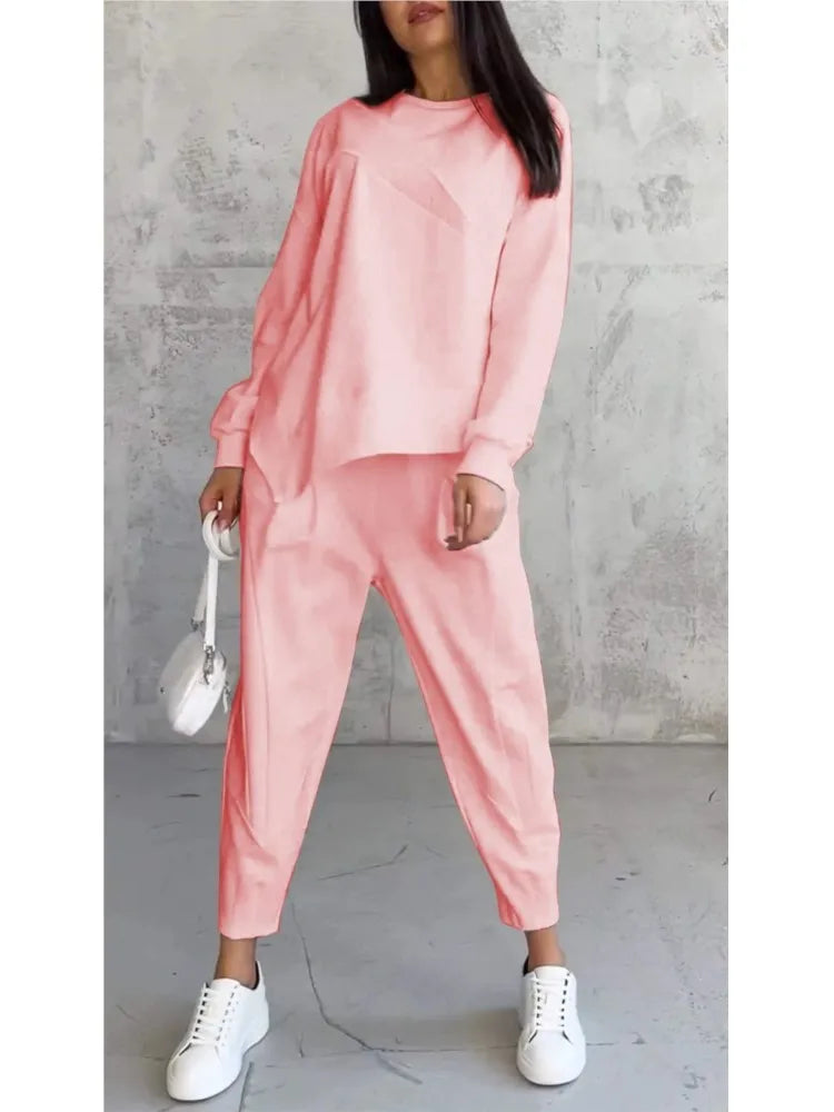 Women Casual Solid Set Fashion O Neck Long Sleeve Loose Top And Long Pants Two Piece Sets Lady Spring And Autumn Sports Sets