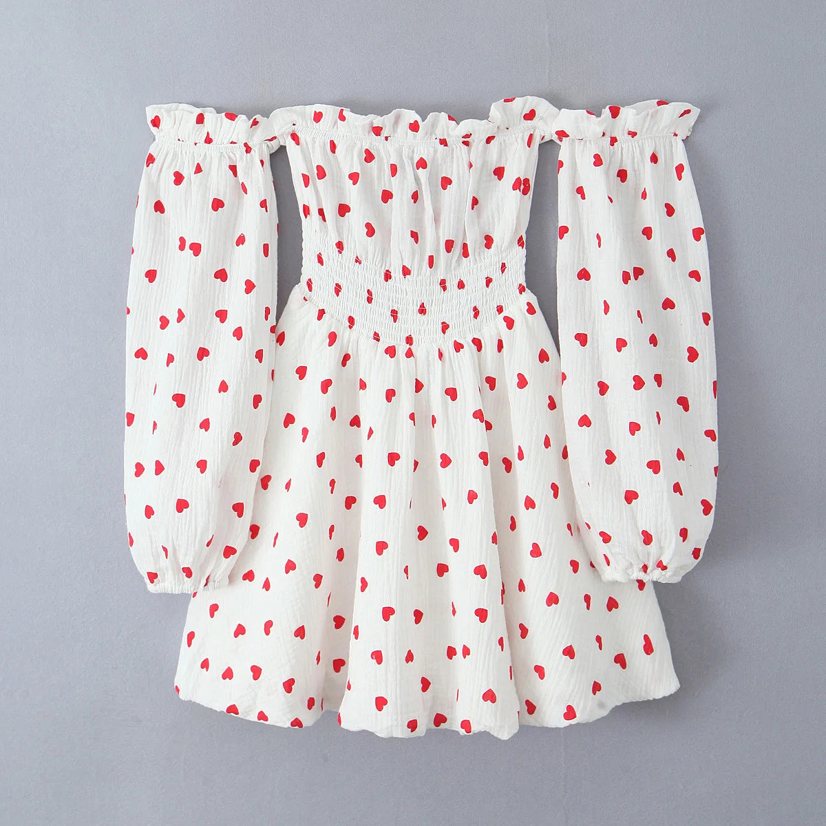 Sexy White Red Heart Print Wood Ears Slash Shoulder Full Puff Sleeve Mini Dress Women Slim Elastic Waist Swing A-line Short Robe