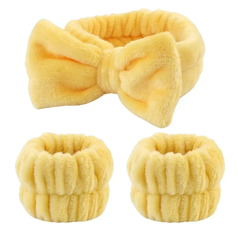 Spa Headband with Wrist Towels for Face Washing Set Elastic Bow Headbands with Highly Absorbent Wristbands for Shower Skincare