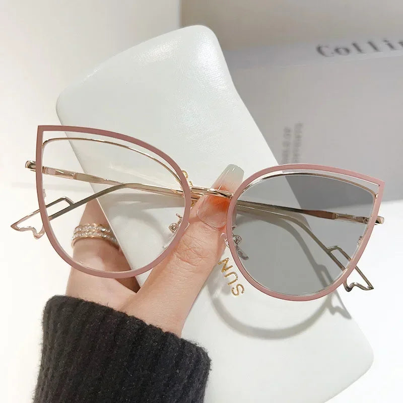 Color Changing Blue Light Blocking Glasses Women Men Stylish Photochromic Glasses Ladies Cat Eye Optical Spectacle Eyeglasses