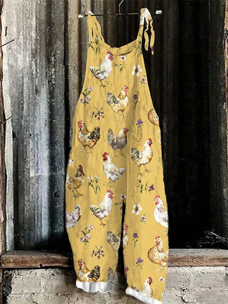 2025 Hot Women's Summer Fashion One-piece Suspender Pants Simple Comfortable Home Wide-leg Pants 3D Rooster Printed Work Pants