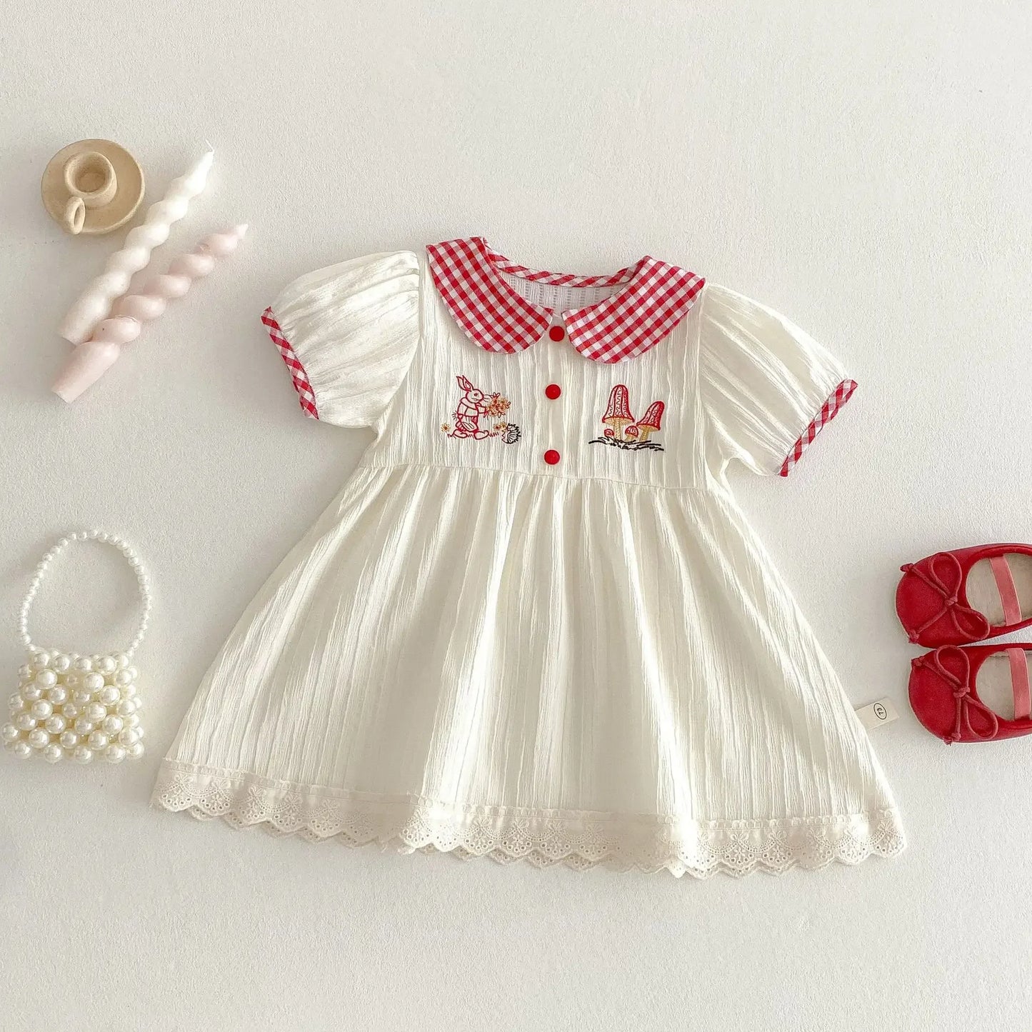 2025 New Summer Girls' Plaid Dress, Korean Style Baby Doll Collar Embroidered Bunny Dress for Toddlers