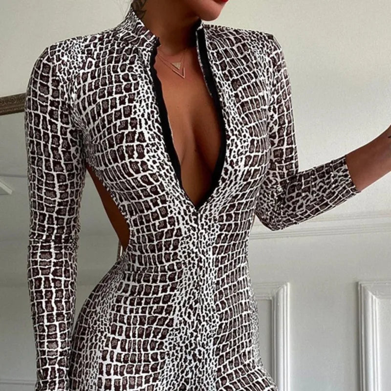 Krisnanas Women's Crocodile Print Stand Collar Zipper Backless Bodycon Jumpsuit Sexy Party Catsuit for Clubwear & Festival