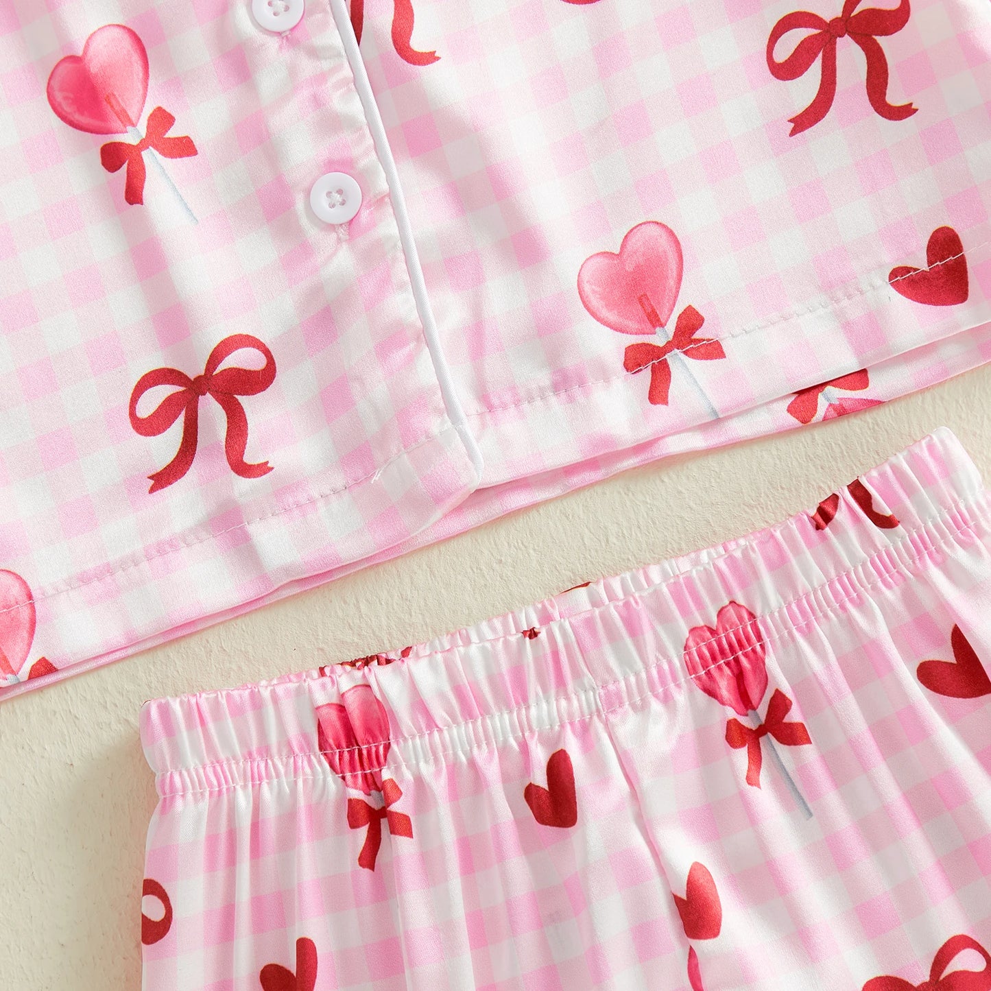 Children Kids Baby Girls Valentine's Day Pajama Sets Short Sleeve Lapel Button Up Bow Heart Plaid Print Shirts Shorts Sleepwear