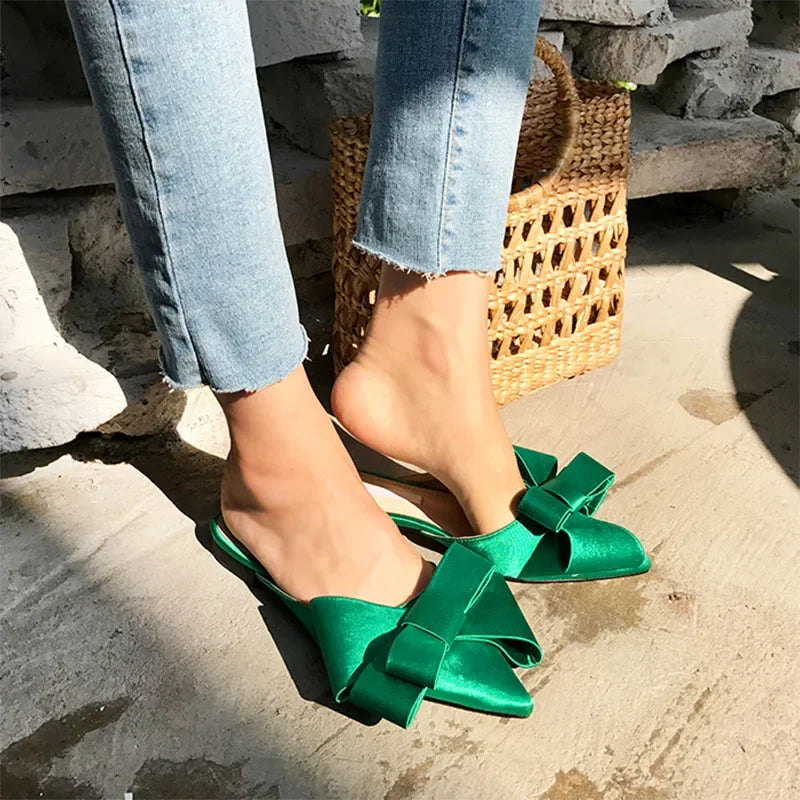 2024 Spring and Summer Women's Shoes Korean Silk Satin Pointed Bow Tie Slippers Baotou Flat Heel Sets Semi Slippers