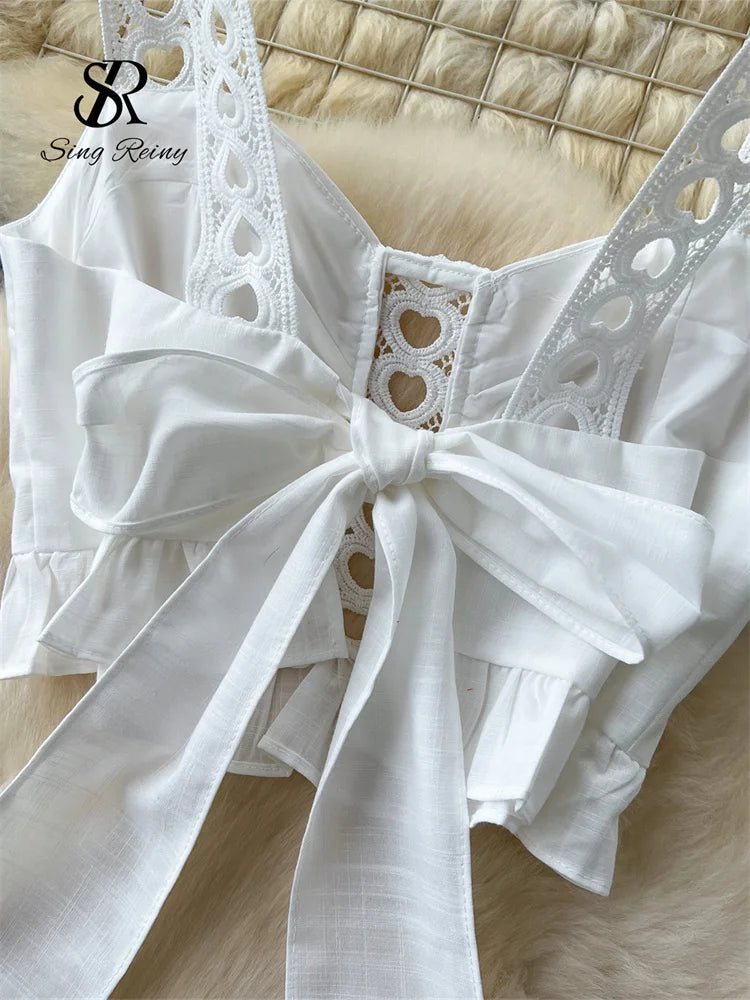 SINGREINY Holiday Hollow Out Two Pieces Sets Women Strap Backless Mini Camis+Elastic Long Pantskirt Bohe Cotton Embroidery Suits