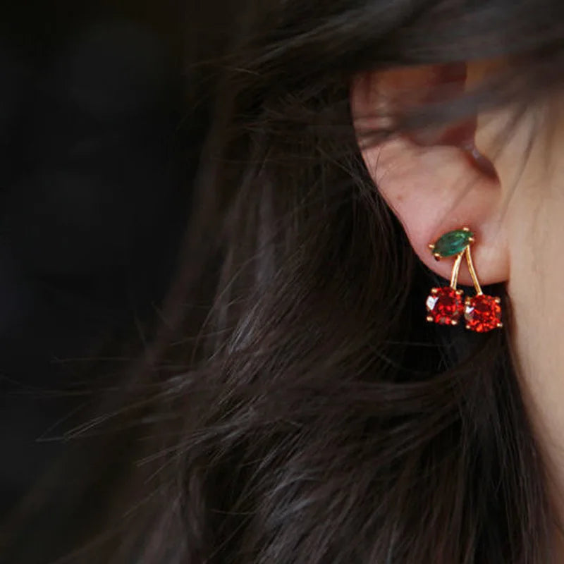 LATS Red Zircon Cherry Leaf Stud Earrings for Women Fashion Crystal Dangle Party Prom Birthday Wedding Gifts Jewelry Accessories