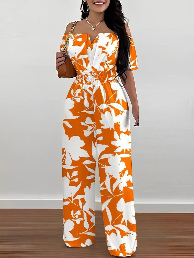 Lady Print High Waist Jumpsuit Sexy Off Shoulder Short Sleeve Wide Leg Pants Jumpsuits Women Fashion Casual Summer Women Clothes