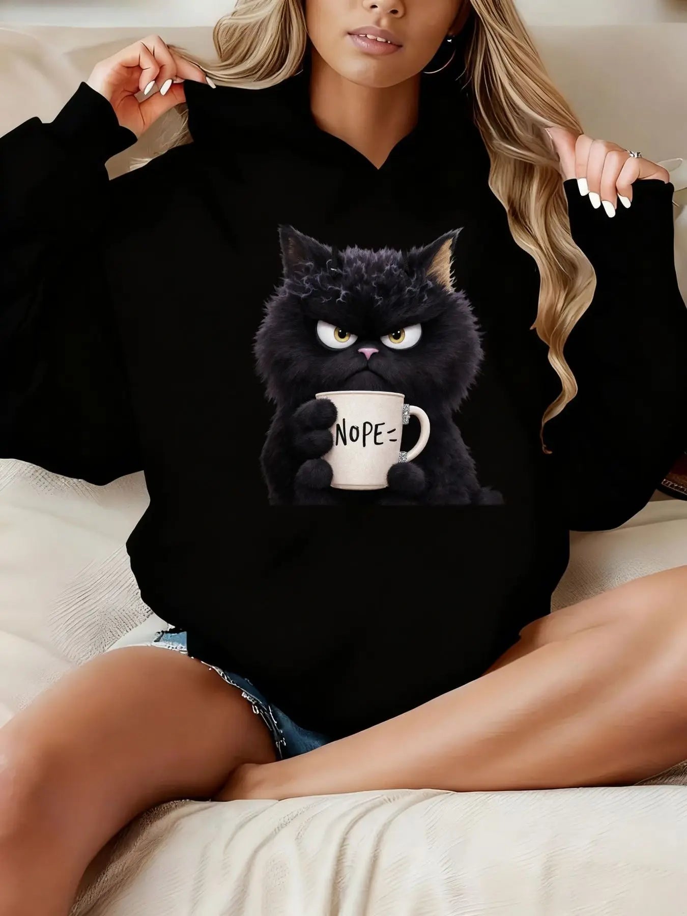 Women's autumn and winter warm loose casual pattern printed suede long sleeved hooded sweatshirt