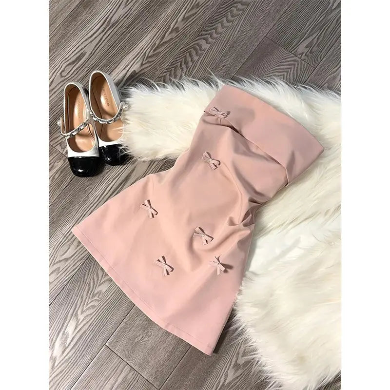 Spring Pink Strapless Mini Dress Women Bow Design Elegant Slim Fit Stylish Dress Comfortable Party Casual Dress Female 2025 New