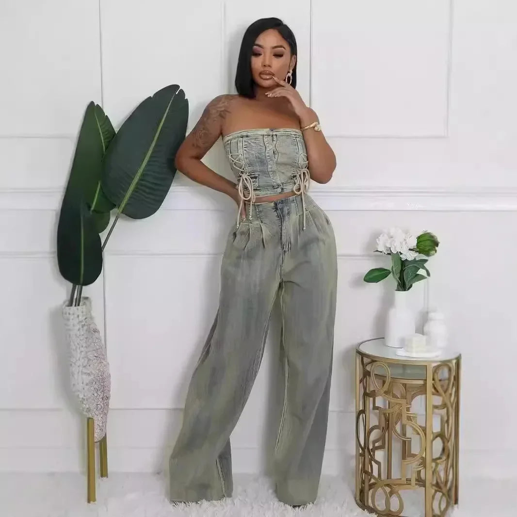 CM.YAYA Denim Women's Set Sleeveless Strapless Top +Loose Jeans Pants 2024 Fall Lace Up Street Two 2 Piece Set Outfits Tracksuit
