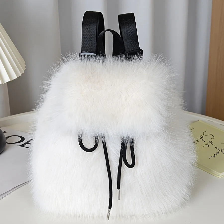 Women's Plush Faux Fur Backpack with Adjustable Drawstring Closure Daypack for Casual Formal Use Mini Backpack Soft Texture Bag