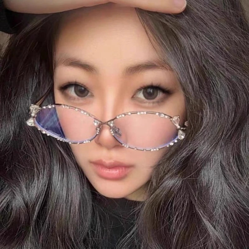 2026 Diamond Studded Bow Oval Frame Glasses Women's Fashion Vintage Transparent Metal Sunglasses Blue Light Blocking Eyeglasses