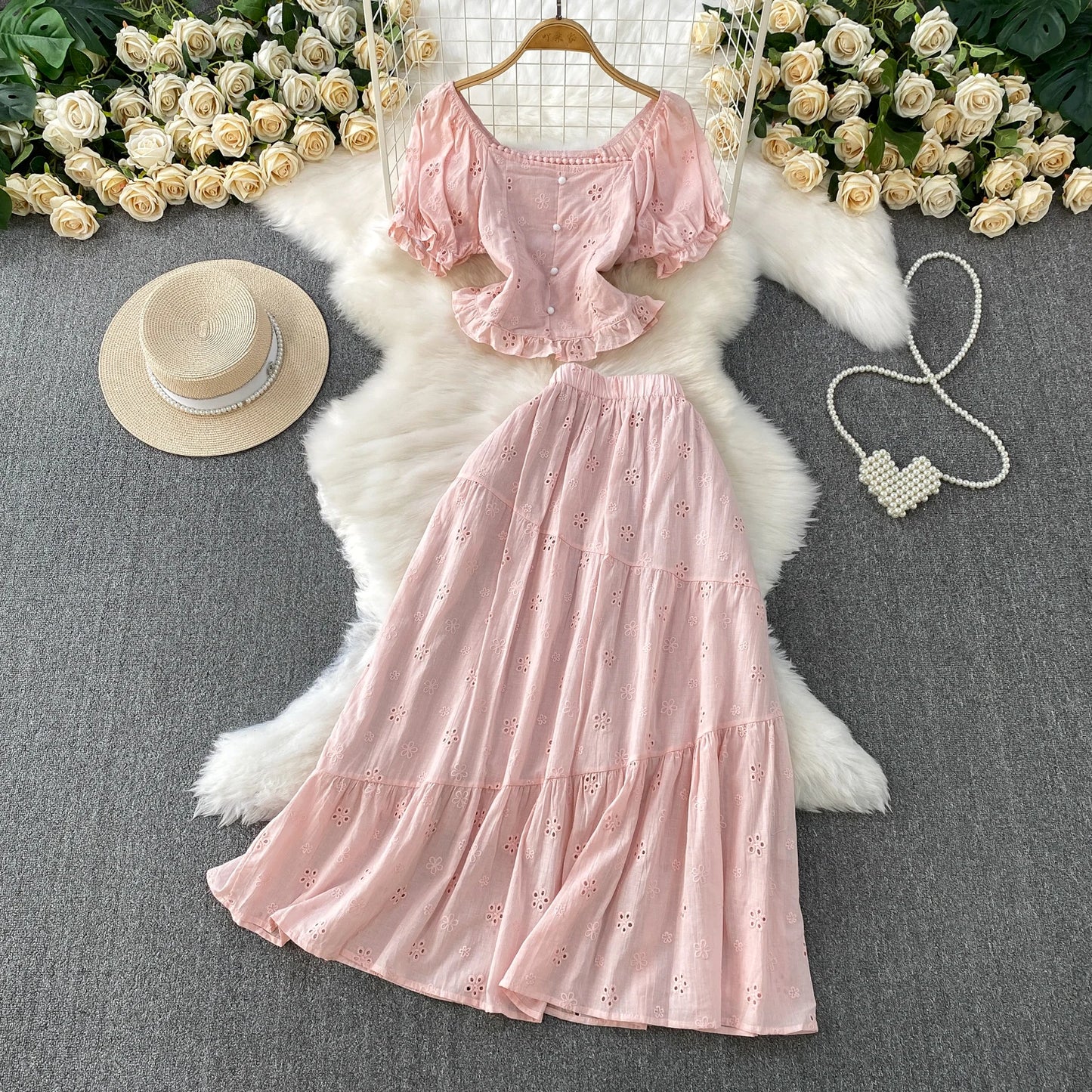 Pink Gentle Wind Square Collar Bubble Sve irt ort ter Top Hook Flower Hollow out f Skirt Set Women's Faion Spr...