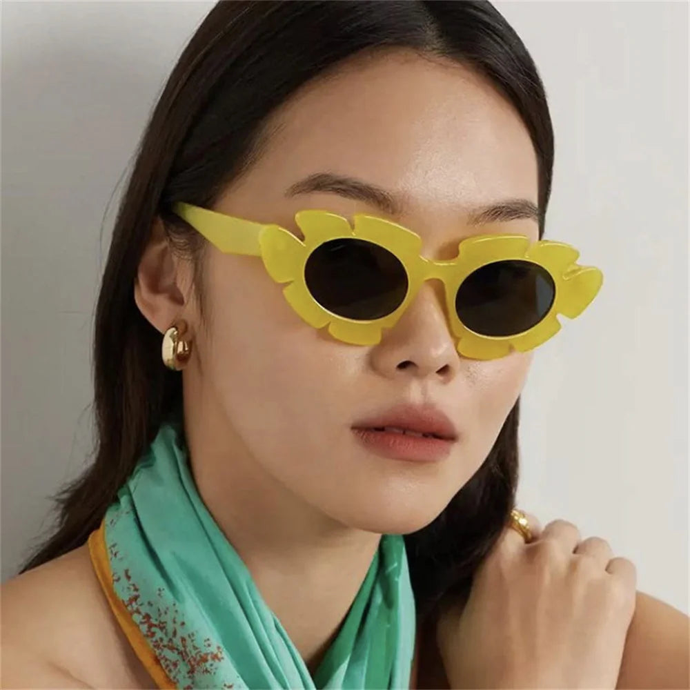 KLASSNUM Fashion Cat Eye Candy Colors Sunglasses Women Retro Brand Designer Flower Shape Eyewear Men Trending Sun Glasses UV400