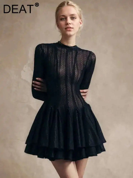 DEAT Fashion Women's Dress Round Neck Long Sleeve Hollow Out Zipper Breathable Slim Short Dresses Spring 2025 New Tide 7AB6845