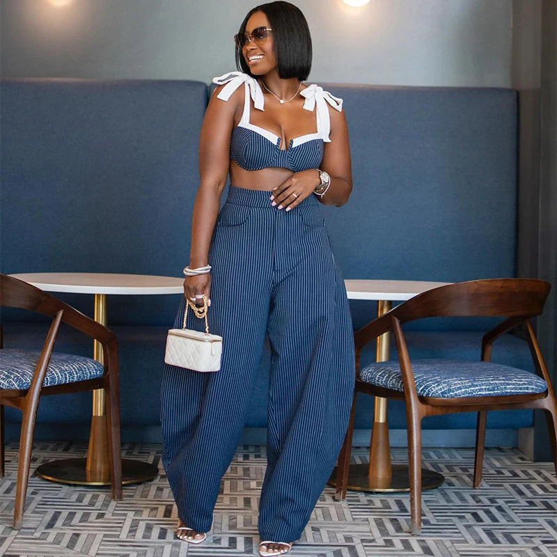 Elegant Women's Sets Striped Patchwork Straps Bow Crop Top and Wide Leg Pants 2026 New Party Vacation 2 Piece Matching Outfits