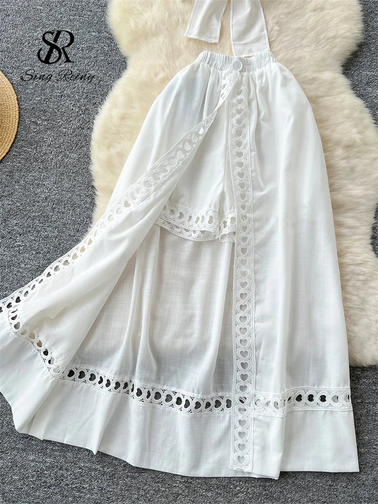 SINGREINY Holiday Hollow Out Two Pieces Sets Women Strap Backless Mini Camis+Elastic Long Pantskirt Bohe Cotton Embroidery Suits