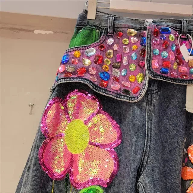 Fashion Women's Spring Embroidery Diamond Bead Hole Jeans High Waist Loose Crystal Stone Jeans Denim Ripped Pants