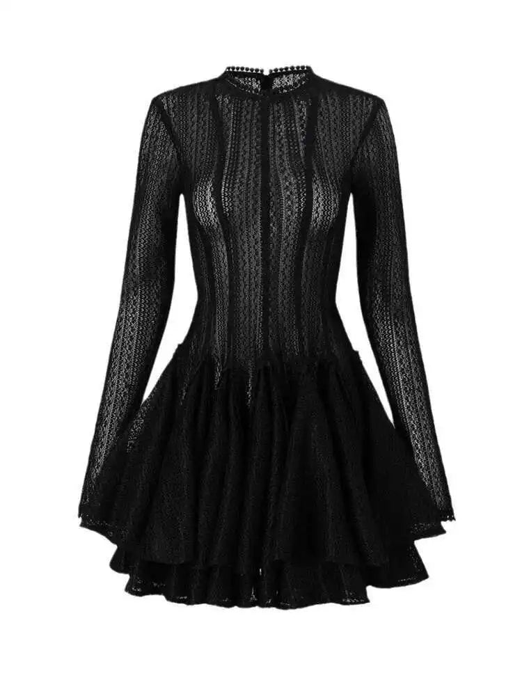 DEAT Fashion Women's Dress Round Neck Long Sleeve Hollow Out Zipper Breathable Slim Short Dresses Spring 2025 New Tide 7AB6845