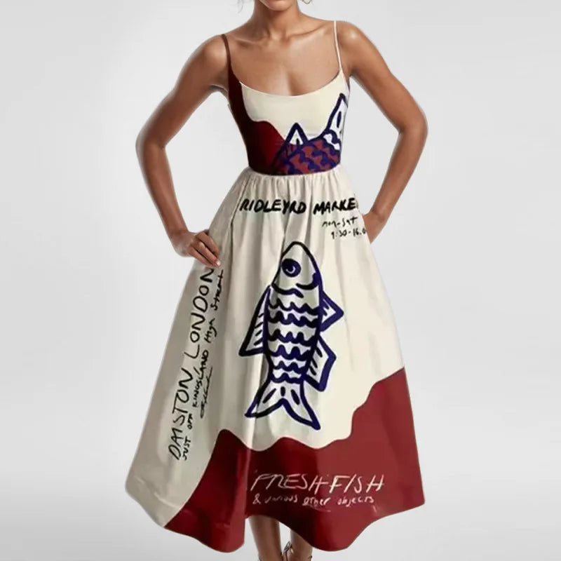 VEITCHE Fashion Women Print Suspenders Blue Ocean Fish Pattern Sexy Long dress New Spring Summer 2025 Temperament Maxi Dresses