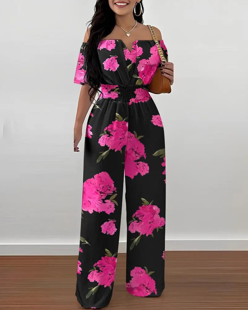 Lady Print High Waist Jumpsuit Sexy Off Shoulder Short Sleeve Wide Leg Pants Jumpsuits Women Fashion Casual Summer Women Clothes