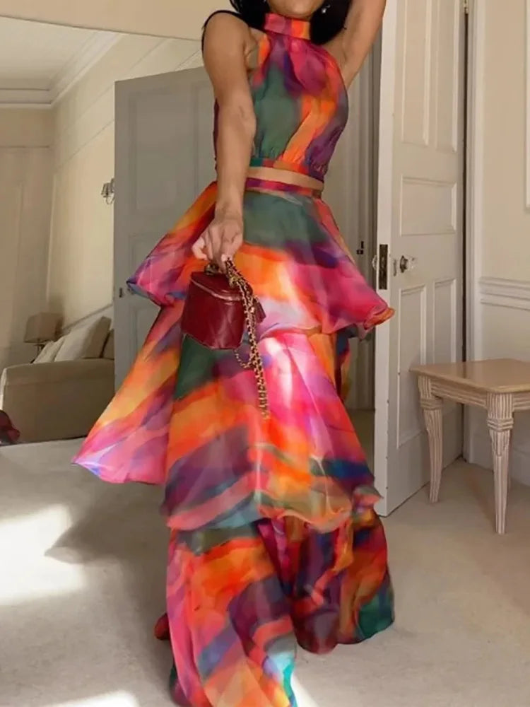 Sleeveless Fashion New Loungewear Skirt Set, Summer Women Hollow Sexy Patchwork Party Suit, Print Stand Collar Elegant 2pc Sets