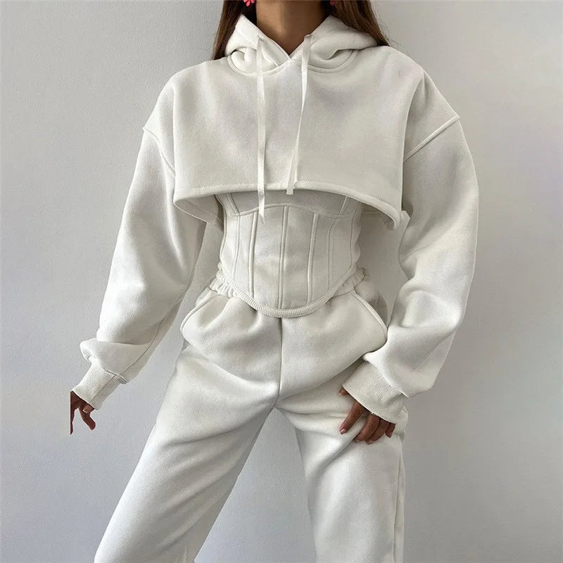 Women's Casual Sweatpants Set Belted Hooded Short Hoodie Corset Three-Piece Autumn Winter Comfortable Polyester plus Size