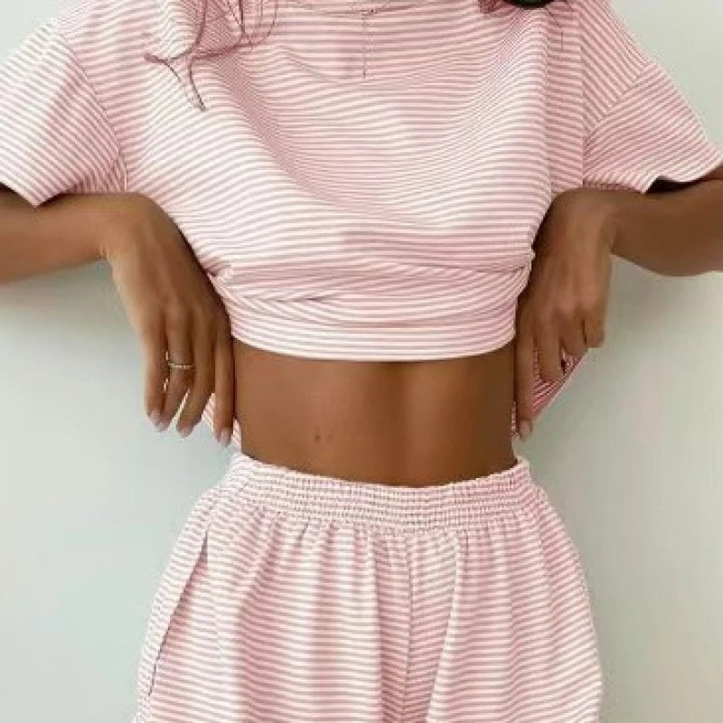 2026Autumn Knitted Striped Pajamas Loose Short-Sleeve Shorts Set Fashionable Home Wear for Women