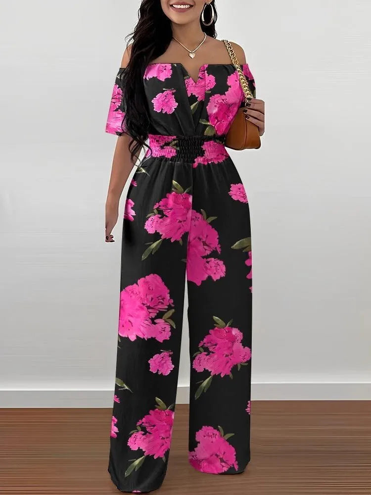 Lady Print High Waist Jumpsuit Sexy Off Shoulder Short Sleeve Wide Leg Pants Jumpsuits Women Fashion Casual Summer Women Clothes