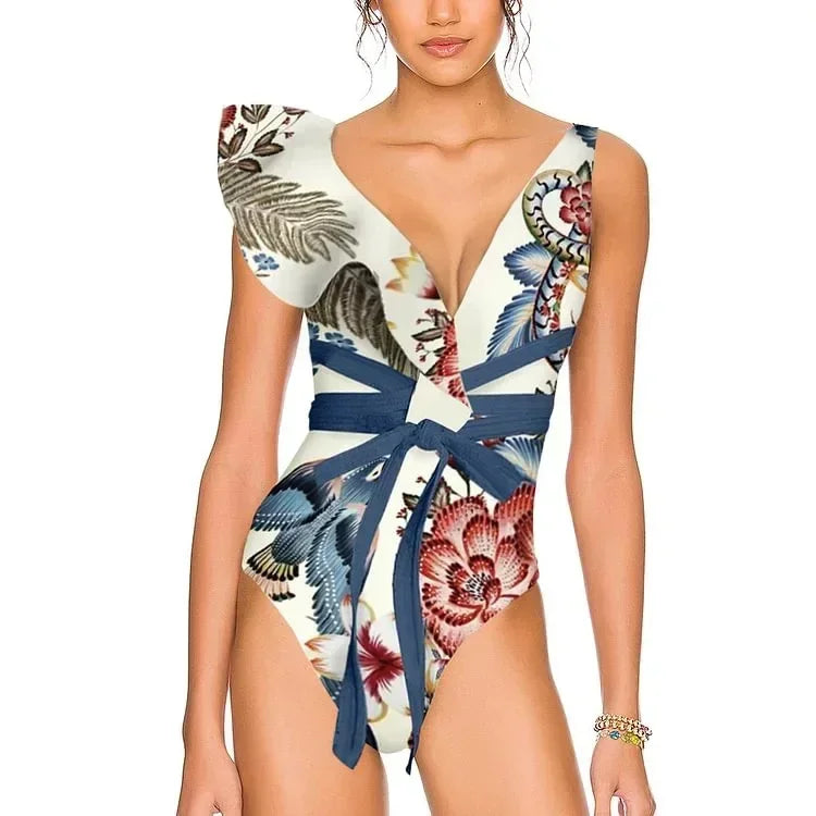 Bikini Women's Printed Ruffle Swimsuit One Shoulder Slash Breasted Bikini Two Piece High Waisted Tummy Tuck Beachwear New