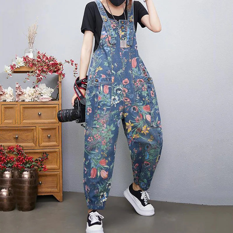 New Printed Denim Overalls Women's Spring Autumn Loose Plus Size Casual Suspender Rompers Fashion Female Jumpsuit Lantern Jeans