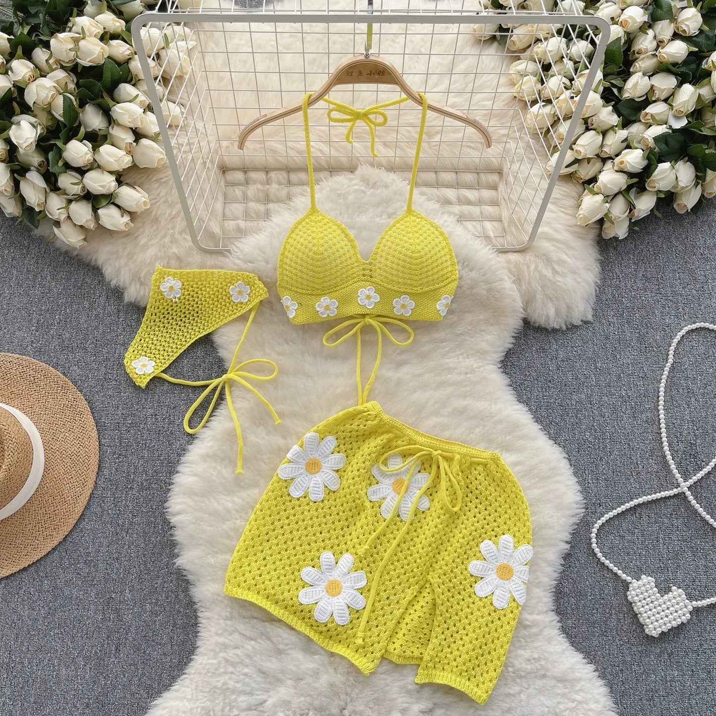 New Summer Hollow Out Knitted Suits Women Halter Lace Up Bow Backless Tank Top+Drawstring Split Mini Skirt Two Pieces Sets