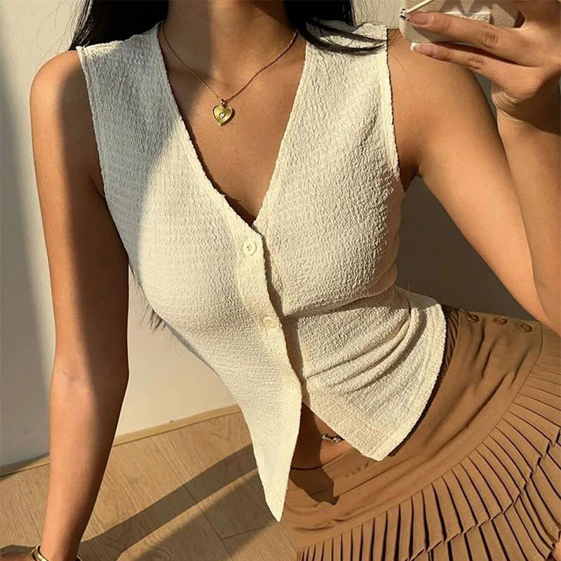 Summer Women Single Breasted V-Neck Tank Tops Solid Color Female Sexy Sleeveless Cropped Top Casual Vests Ladies Slim Camisole