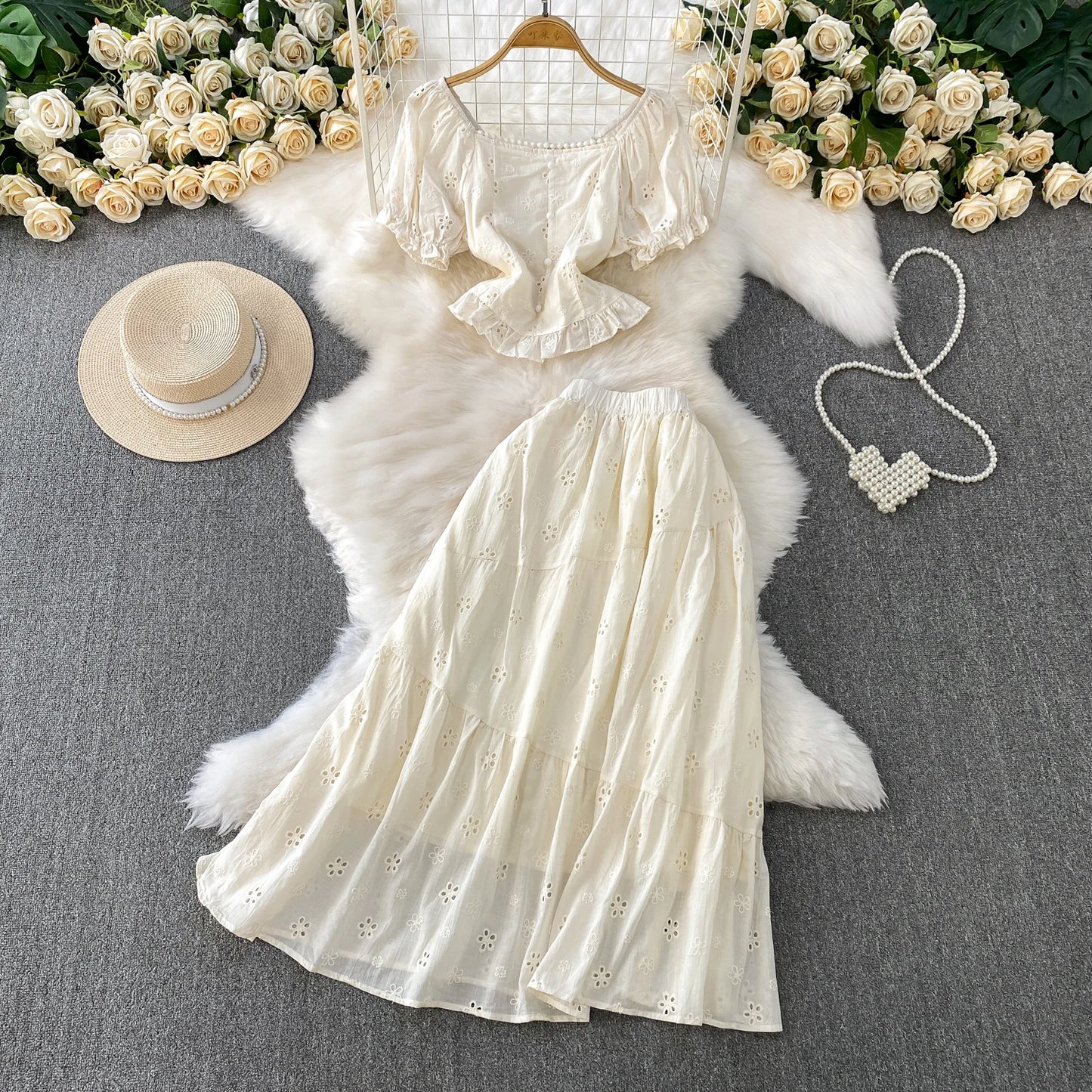 Pink Gentle Wind Square Collar Bubble Sve irt ort ter Top Hook Flower Hollow out f Skirt Set Women's Faion Spr...