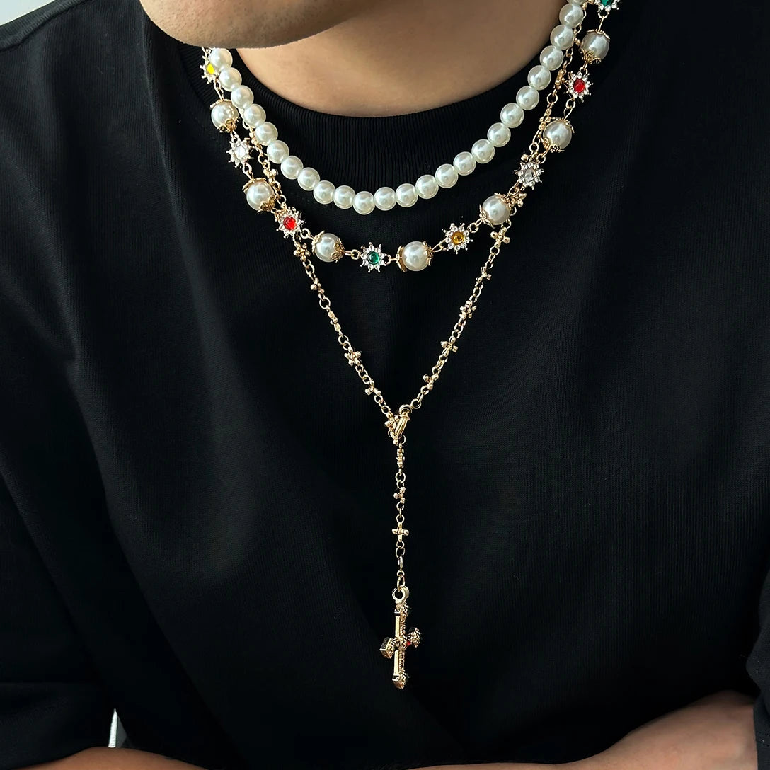 SHIXIN 3 Pcs Trendy Imitation Pearl Rhinestone Flower Long Tassel Necklace for Men Vintage Cross Pendant Necklace Neck Jewelry