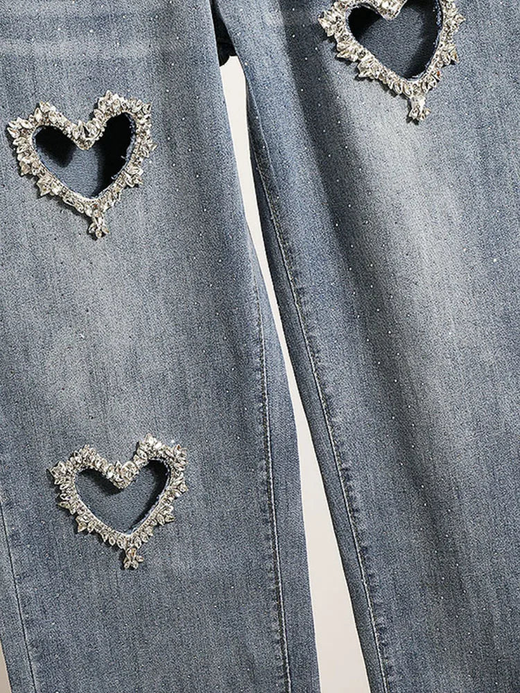 High Street Spring Autumn Loose Slimming Straight High Waist Jeans Wide Leg Pants Women Heart Shape Diamond Denim Baggy Trousers