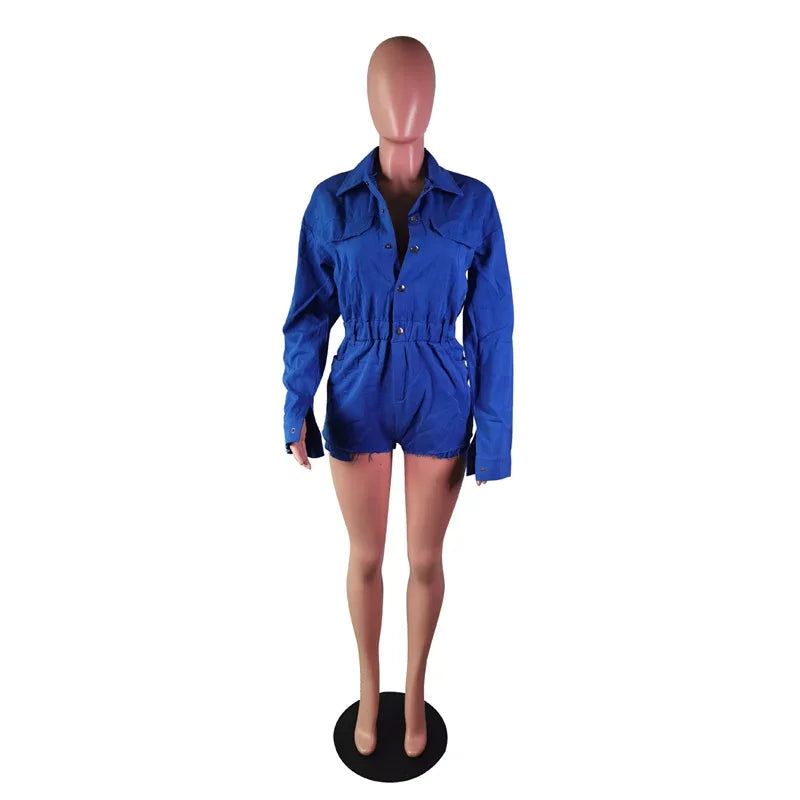 Streetwear Pockets Jeans Jumpsuit Denim Playsuit Women Shorts Turn-down Collar Single-breasted Long Sleeve Romper Fall Outfits