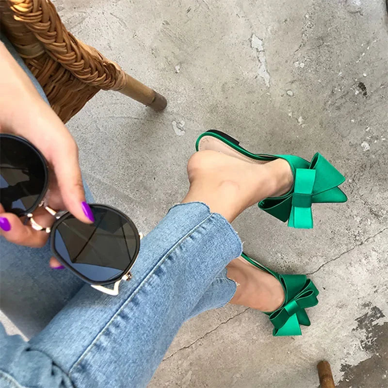 2024 Spring and Summer Women's Shoes Korean Silk Satin Pointed Bow Tie Slippers Baotou Flat Heel Sets Semi Slippers