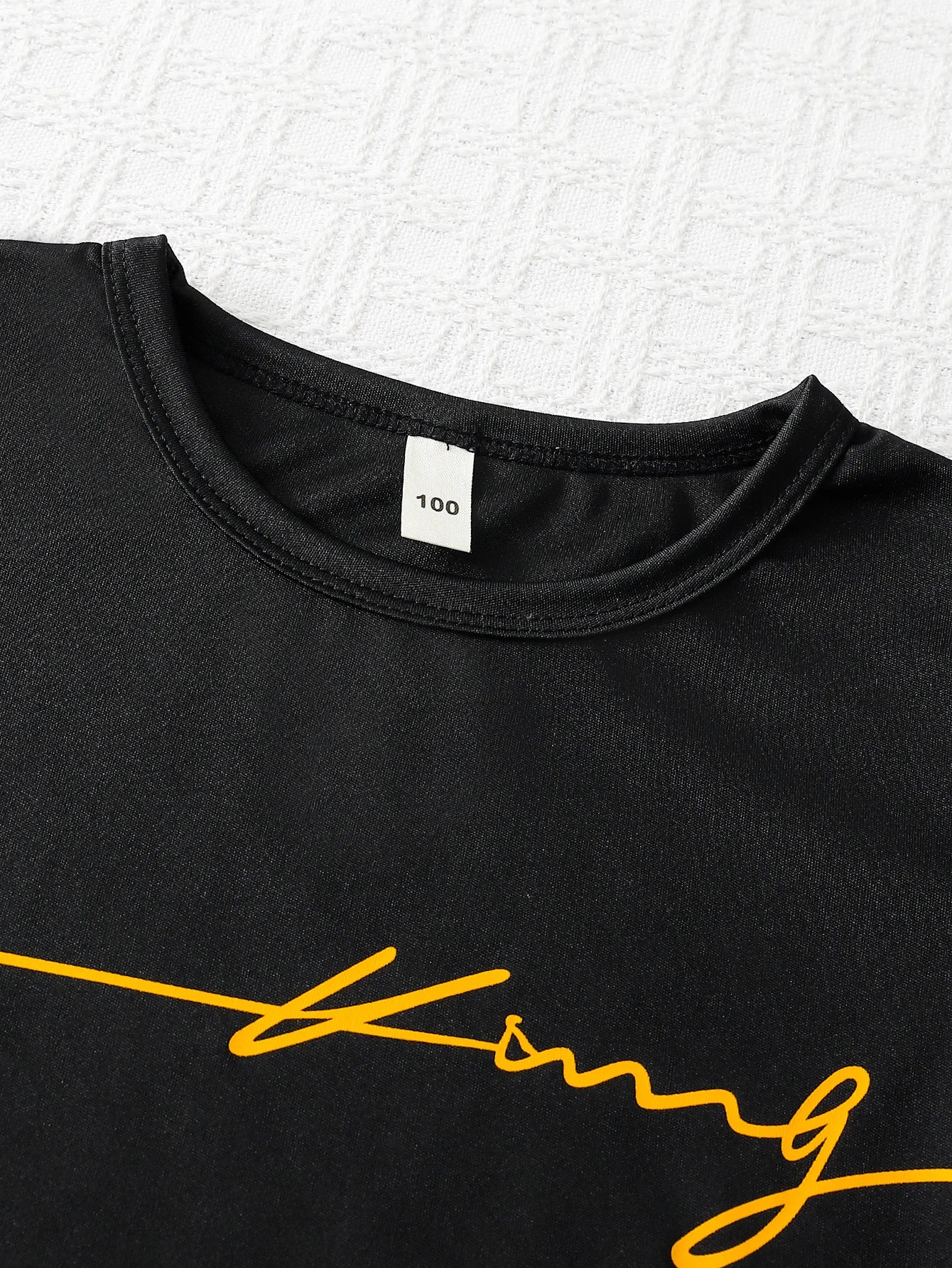 Boys shorts set black letter printed T-shirt top & yellow elastic waist shorts children's summer vacation lightweight, comfortab