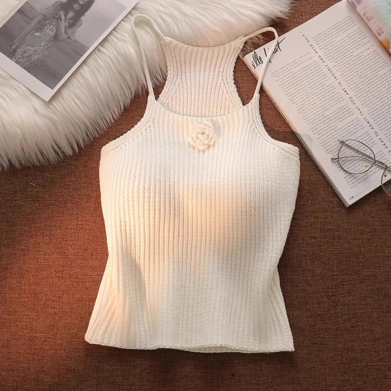 Summer Sexy Flower Knitted Camisole Women's Solid Color Sleeveless Slim Crop Top