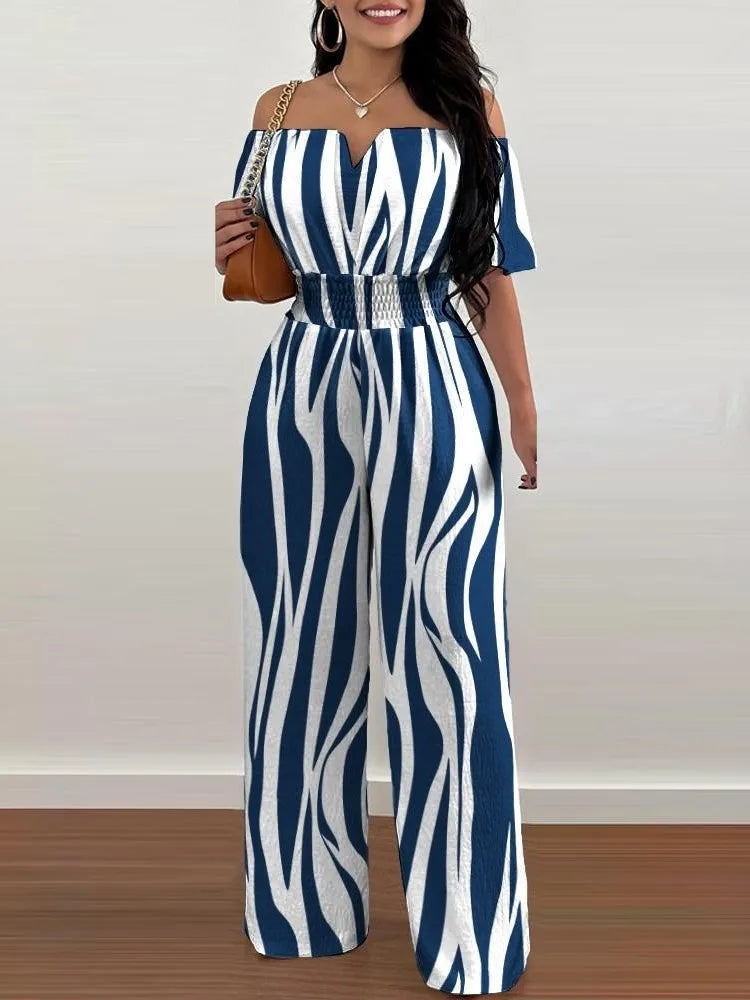 Lady Print High Waist Jumpsuit Sexy Off Shoulder Short Sleeve Wide Leg Pants Jumpsuits Women Fashion Casual Summer Women Clothes