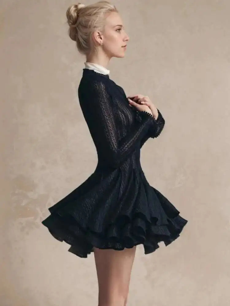DEAT Fashion Women's Dress Round Neck Long Sleeve Hollow Out Zipper Breathable Slim Short Dresses Spring 2025 New Tide 7AB6845