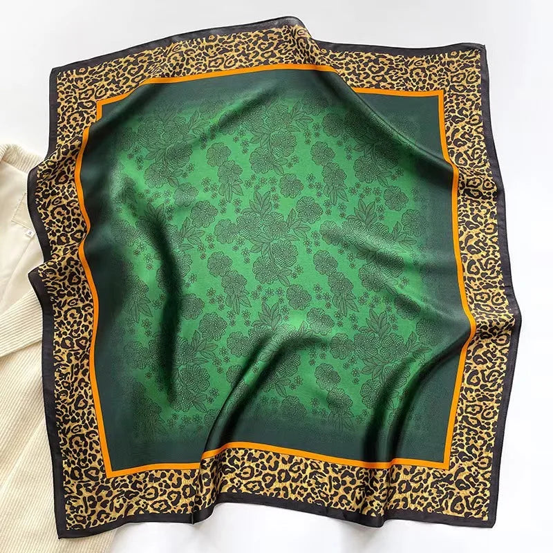 New 100% Real Silk Scarf For Woman Vintage Leopard Head Hair Scarfs Small Square Bandana Femme Office Neckerchief SD0201