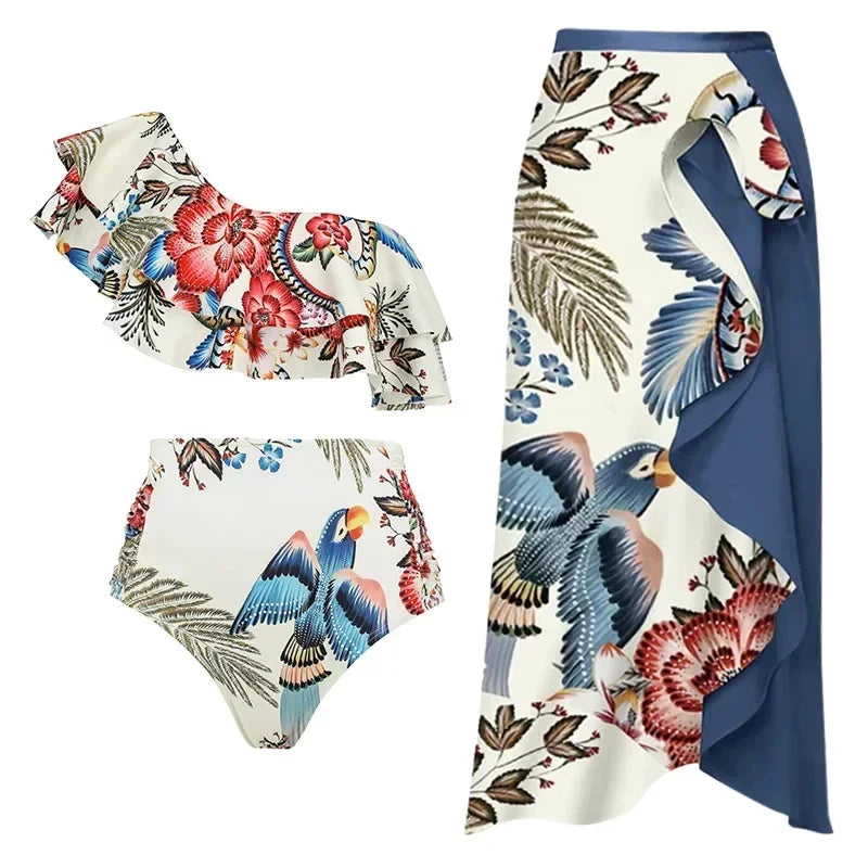 Bikini Women's Printed Ruffle Swimsuit One Shoulder Slash Breasted Bikini Two Piece High Waisted Tummy Tuck Beachwear New